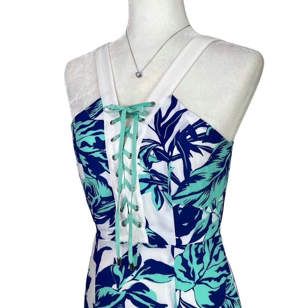 Jealous Tomato Tropical Palm Leaf Lace Up Bodice Dress White Aqua Blue Small S - Picture 3 of 17